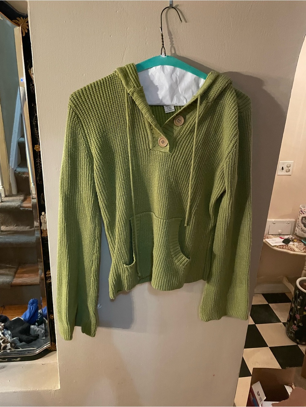 Compliments Olive Green Hooded Knit Sweater with Buttoned V‑Neck